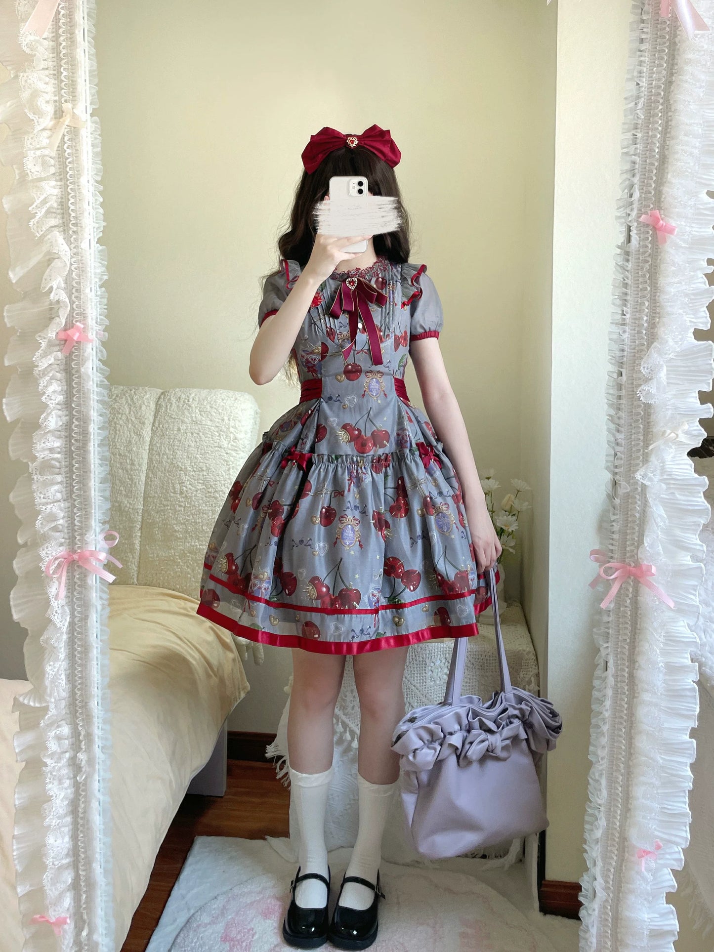 (Buy for me)Gloaming~Sweet Lolita Cherry print Short Sleeve OP and SK Set