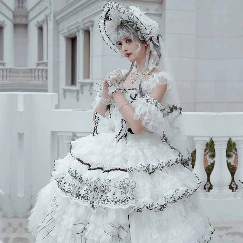 Cat Fairy~Dark Starry Night~Wedding Lolita Jumper Dress Black And White Tea Party Dress