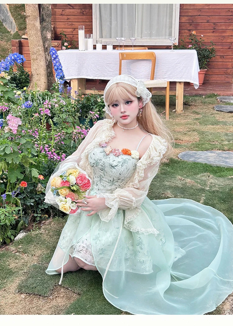 Yingtang~Plus Size Lolita JSK Dress Green Floral Lolita Dress Caidigan Set