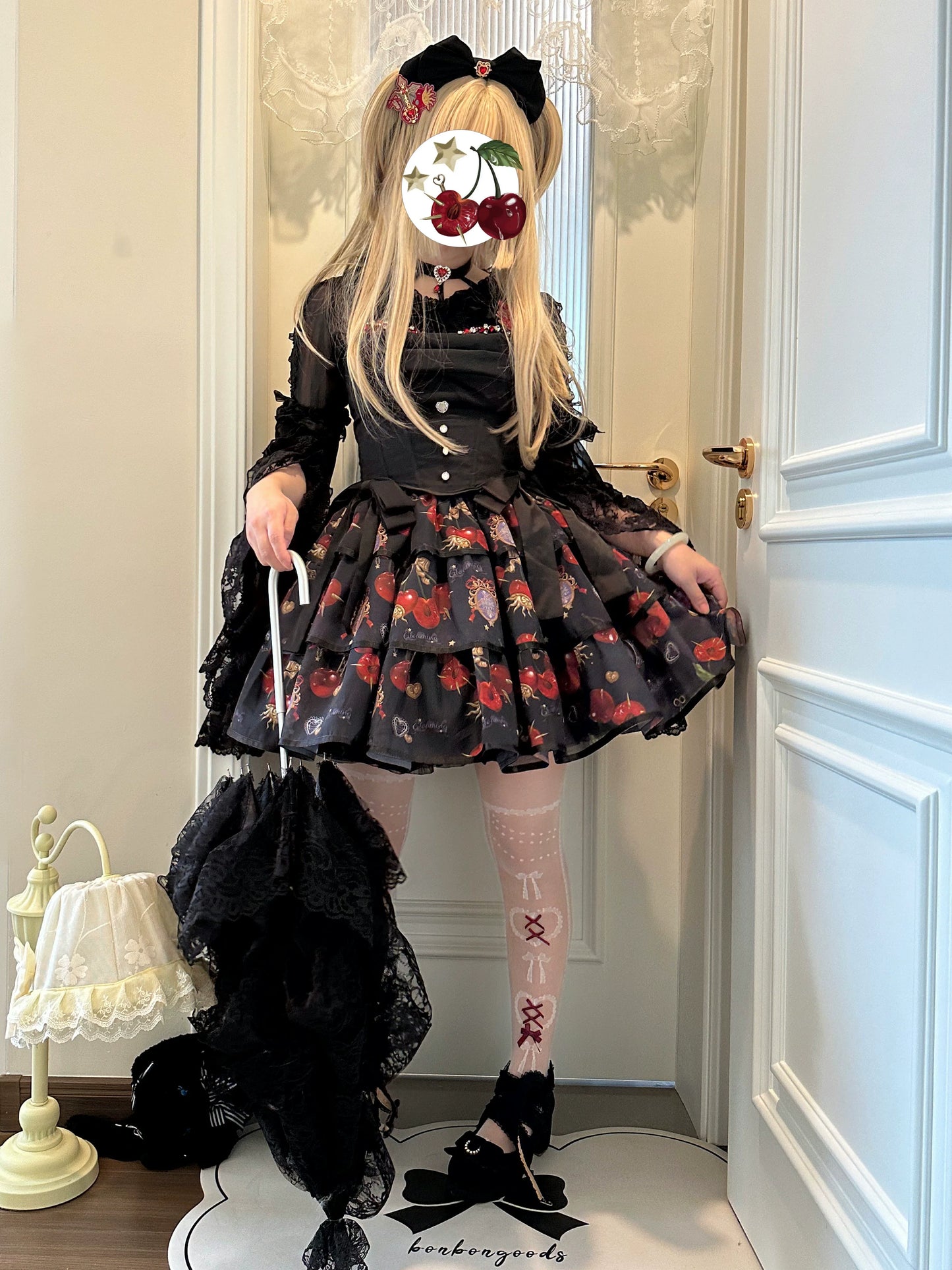 (Buy for me)Gloaming~Sweet Lolita Cherry print Short Sleeve OP and SK Set
