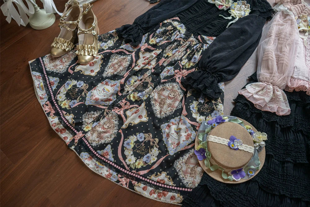 Miss Point~Cat Rose Tea~Sweet Lolita Skirt with Cute Prints Customized Size