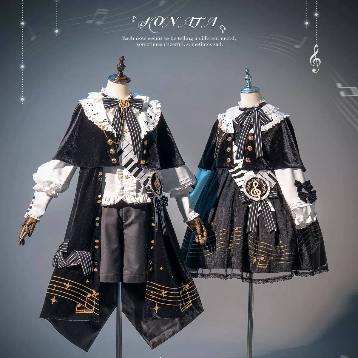 Forest Fluorescent Carps~Black and White Sonata~Ouji Lolita Vest Suit and Vintage Lolita OP Dress