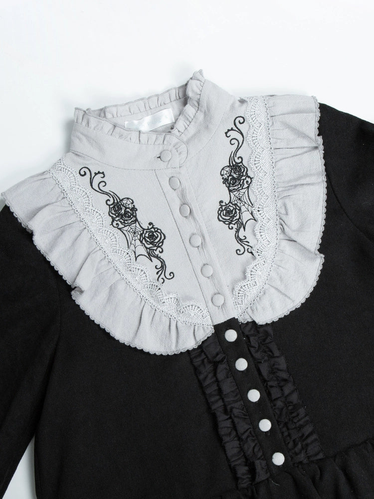 With PUJI~Castle Night~Gothic Twins Lolita OP Three-tiered Embroidery Dress