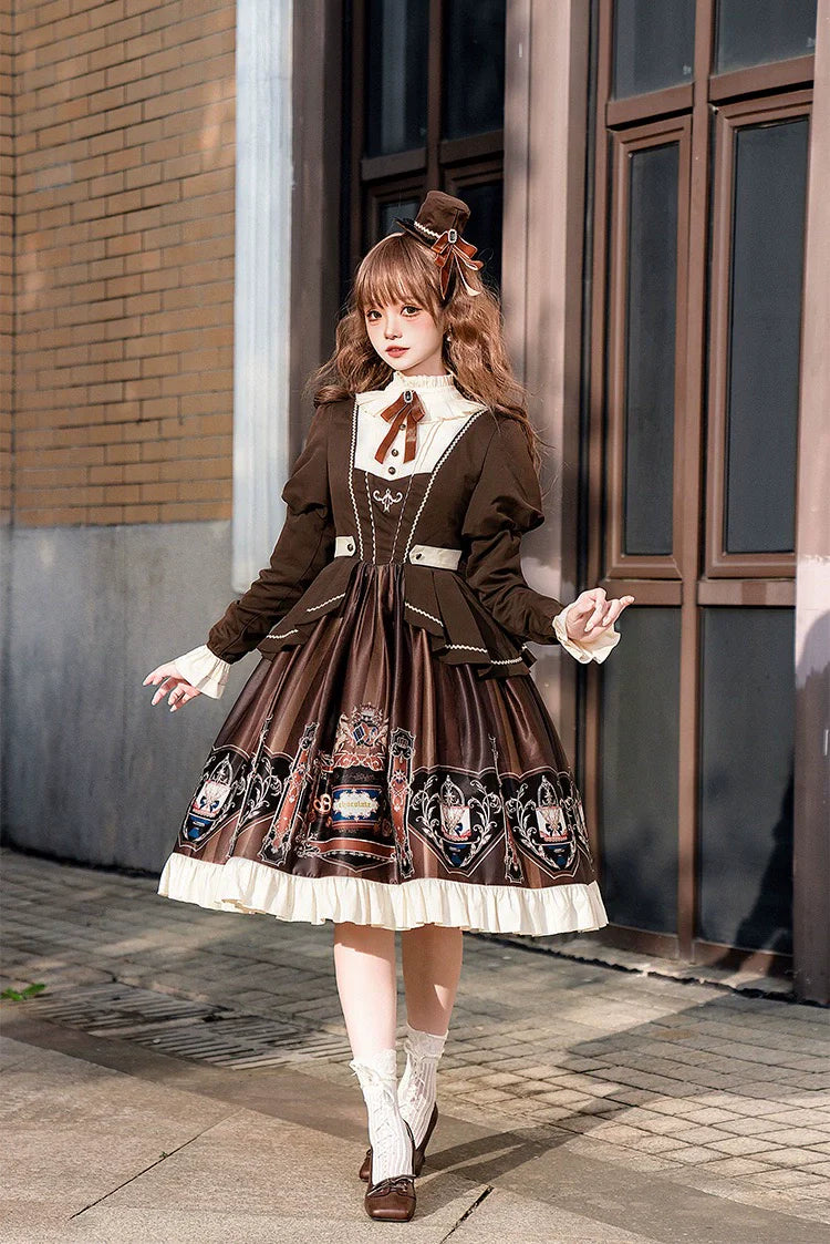 Jinmu~Chocolate Academy~Vintage Lolita OP Long Puff Sleeve Schoolgirl Lolita Dress