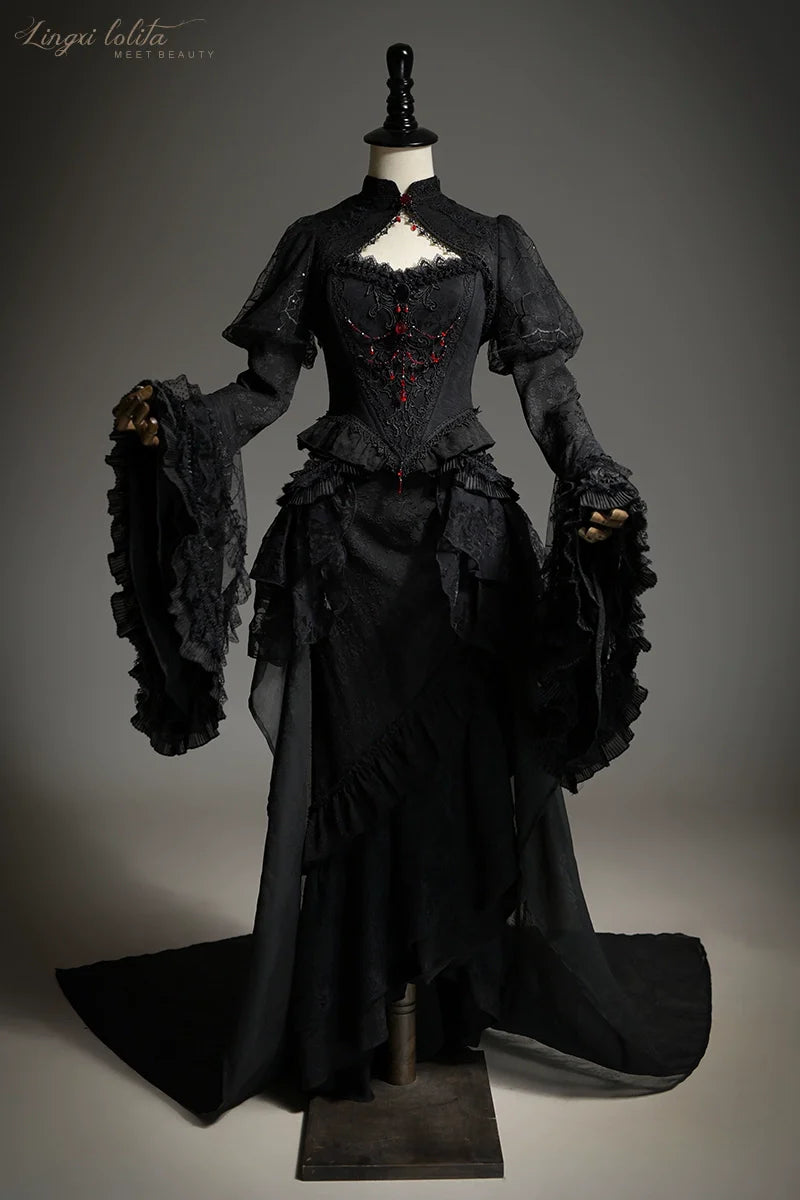 Lingxi Lolita~Lord of the Night~Gothic Lolita Skirt Suit Mermaid Skirt and Fishbone Bodice