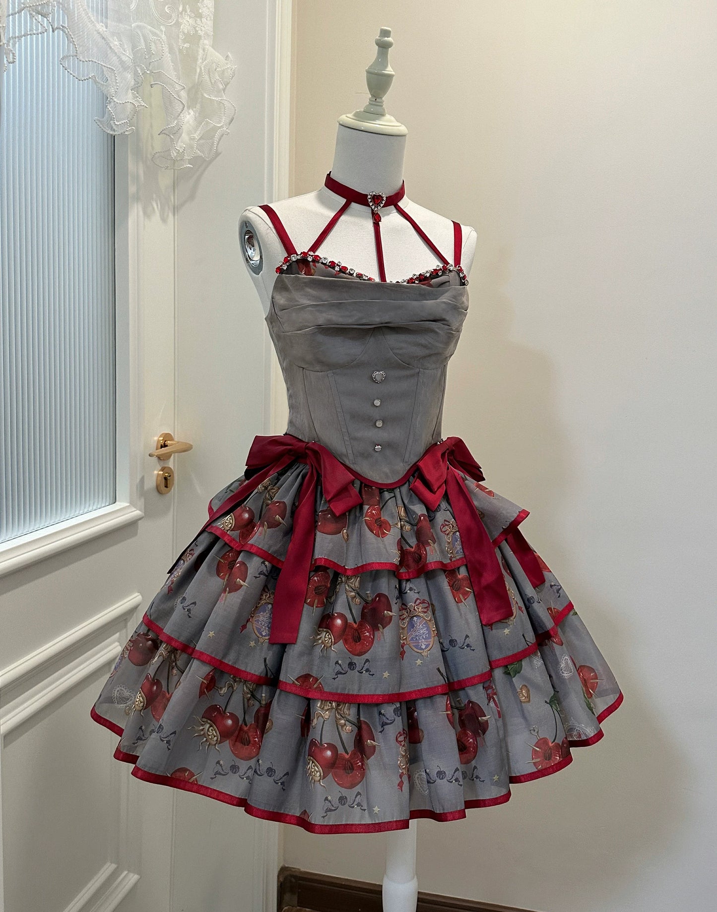 (Buy for me)Gloaming~Sweet Lolita Cherry print Short Sleeve OP and SK Set