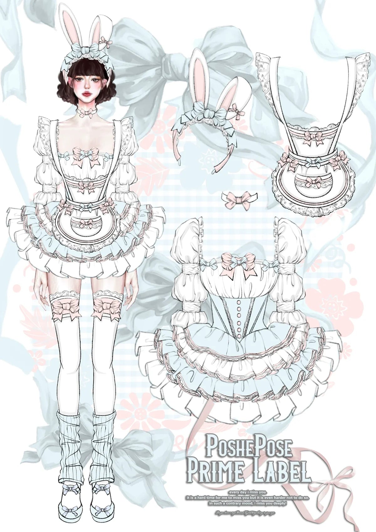 POSHEPOSE~Maid Bunny~Gorgeous Sweet Lolita OP Dress with Detachable Sleeves and Apron