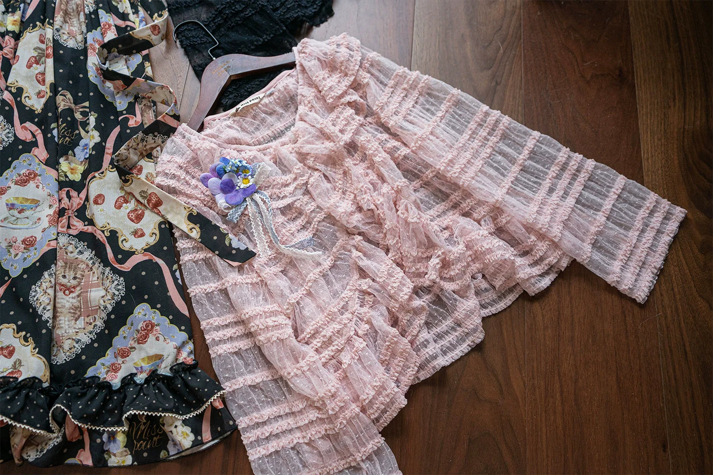 Miss Point~Cat Rose Tea~Sweet Lolita Tulle Cardigan and Long Skirt Overlay