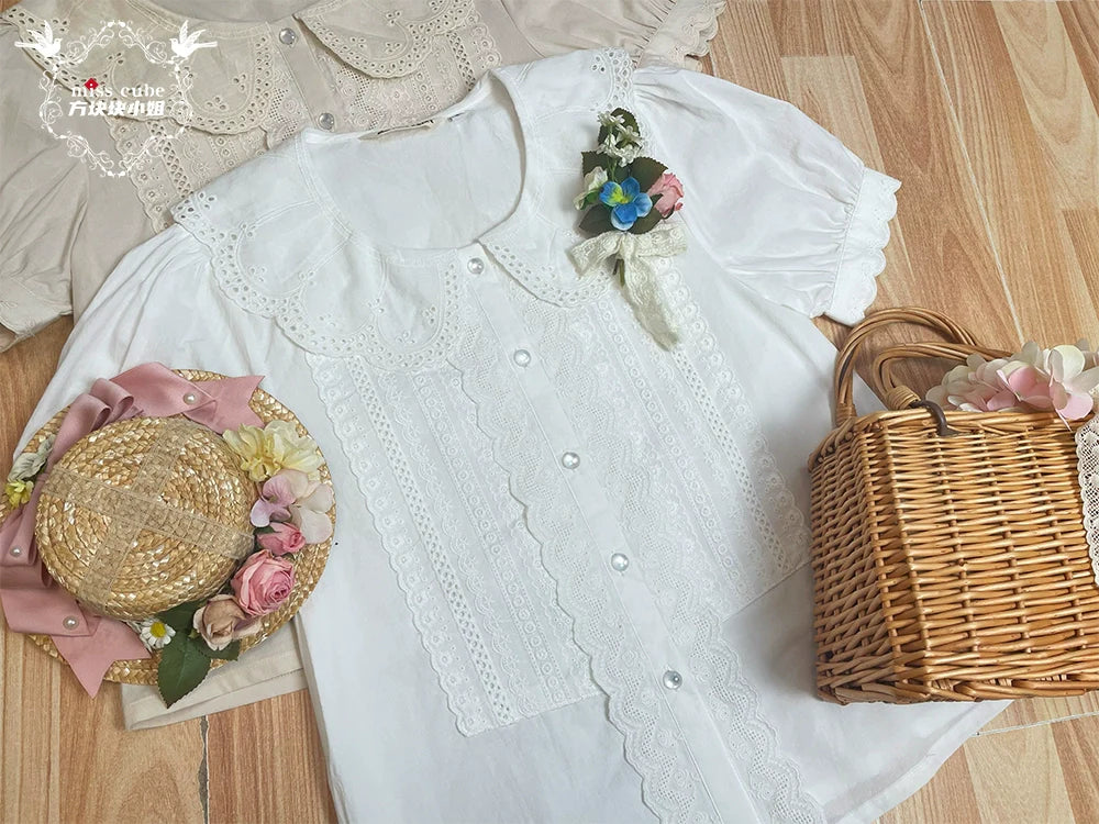 Miss Cube~Antique Label~Sweet Lolita Shirt Cotton Blouse Embroidered Collar
