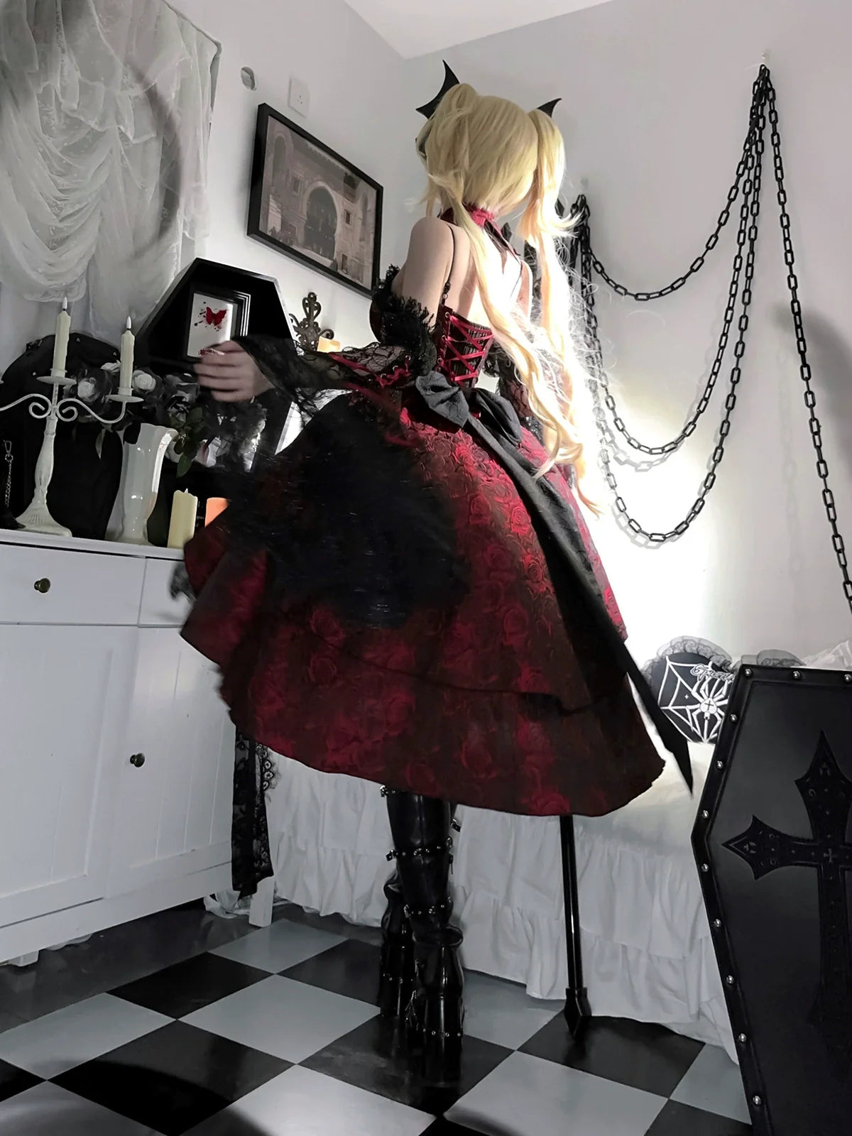Cornfield Lolita~Rose Blood~Black Red Gothic Lolita JSK Jacquard Court Dress