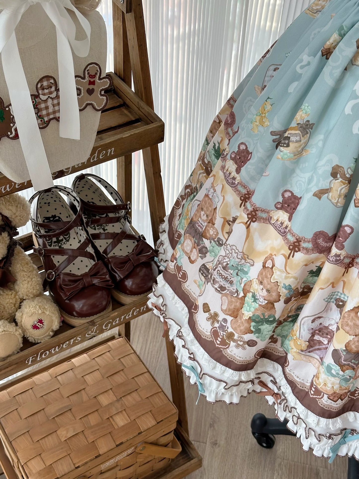 Babyblue~Little Bear Honey Jar~Kawaii Lolita Short Sleeve OP Gingerbread Man Embroidered Dress