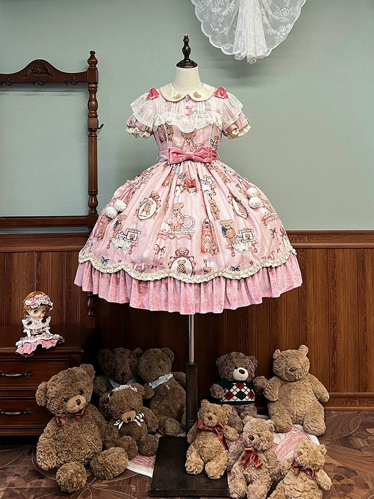 Alice Girl~Bear Doll Wall~Sweet Lolita OP Lovely Bear Print Dress