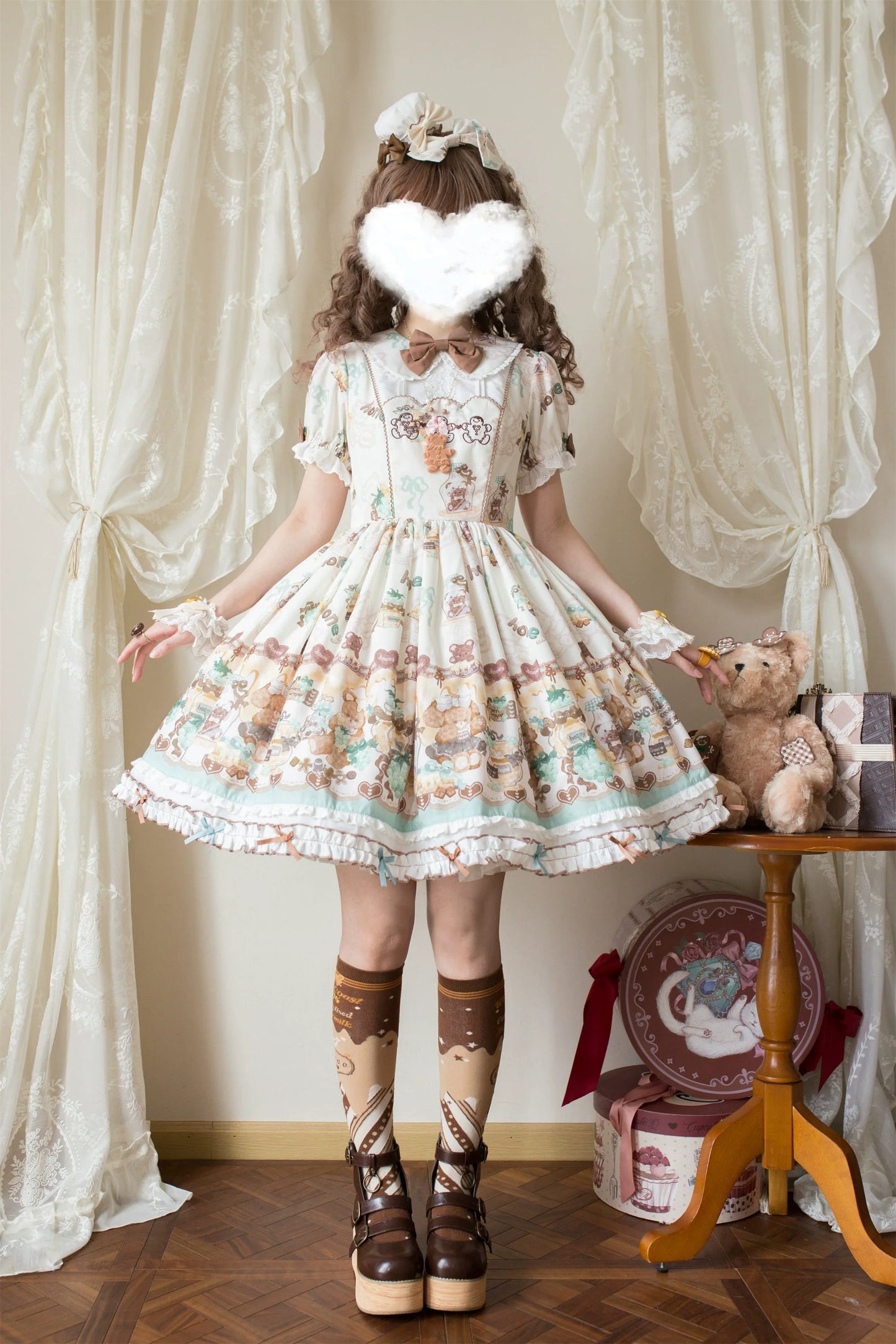 Babyblue~Little Bear Honey Jar~Kawaii Lolita Short Sleeve OP Gingerbread Man Embroidered Dress