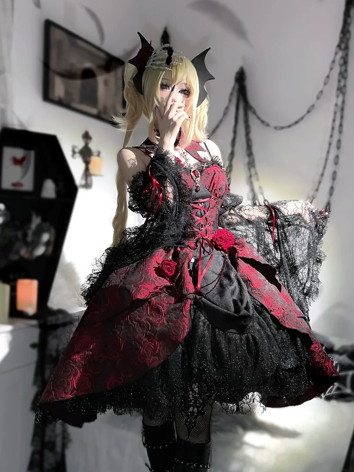 Cornfield Lolita~Rose Blood~Black Red Gothic Lolita JSK Jacquard Court Dress