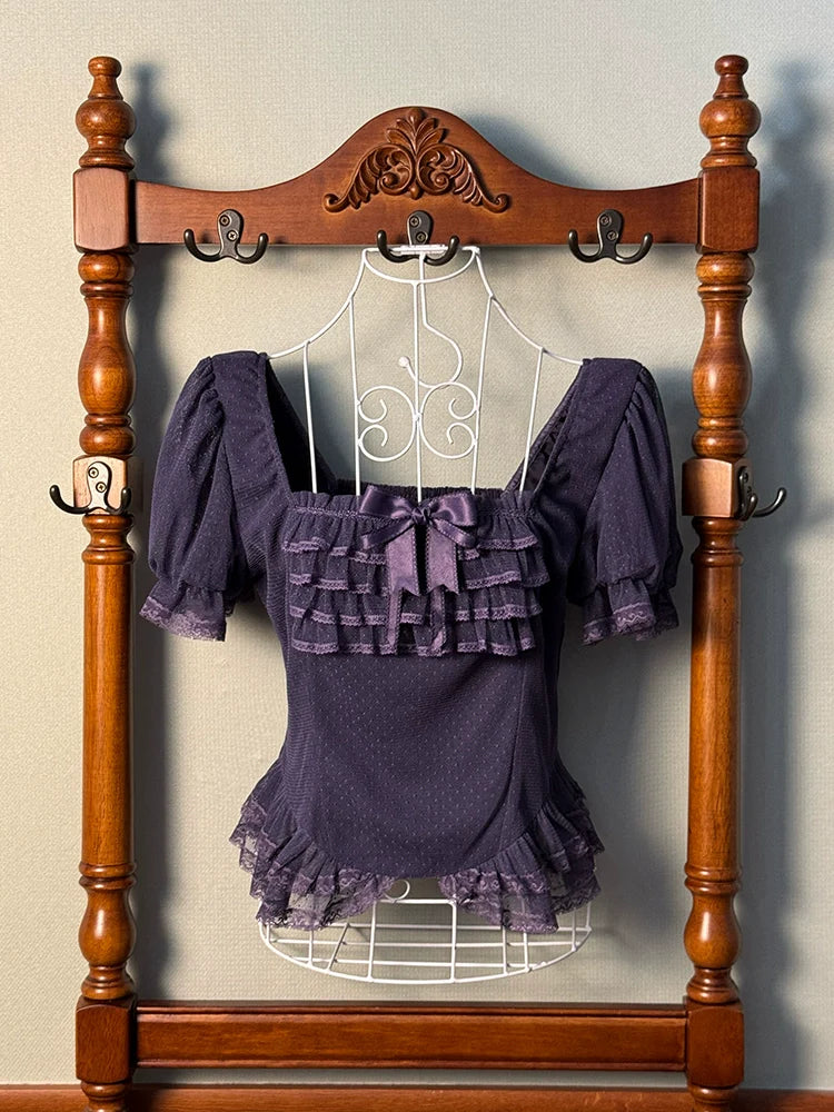 Alice girl~Yesterday Morning Mist~Classic Lolita Shirt Polka Dots Tulle Short Sleeve Blouse