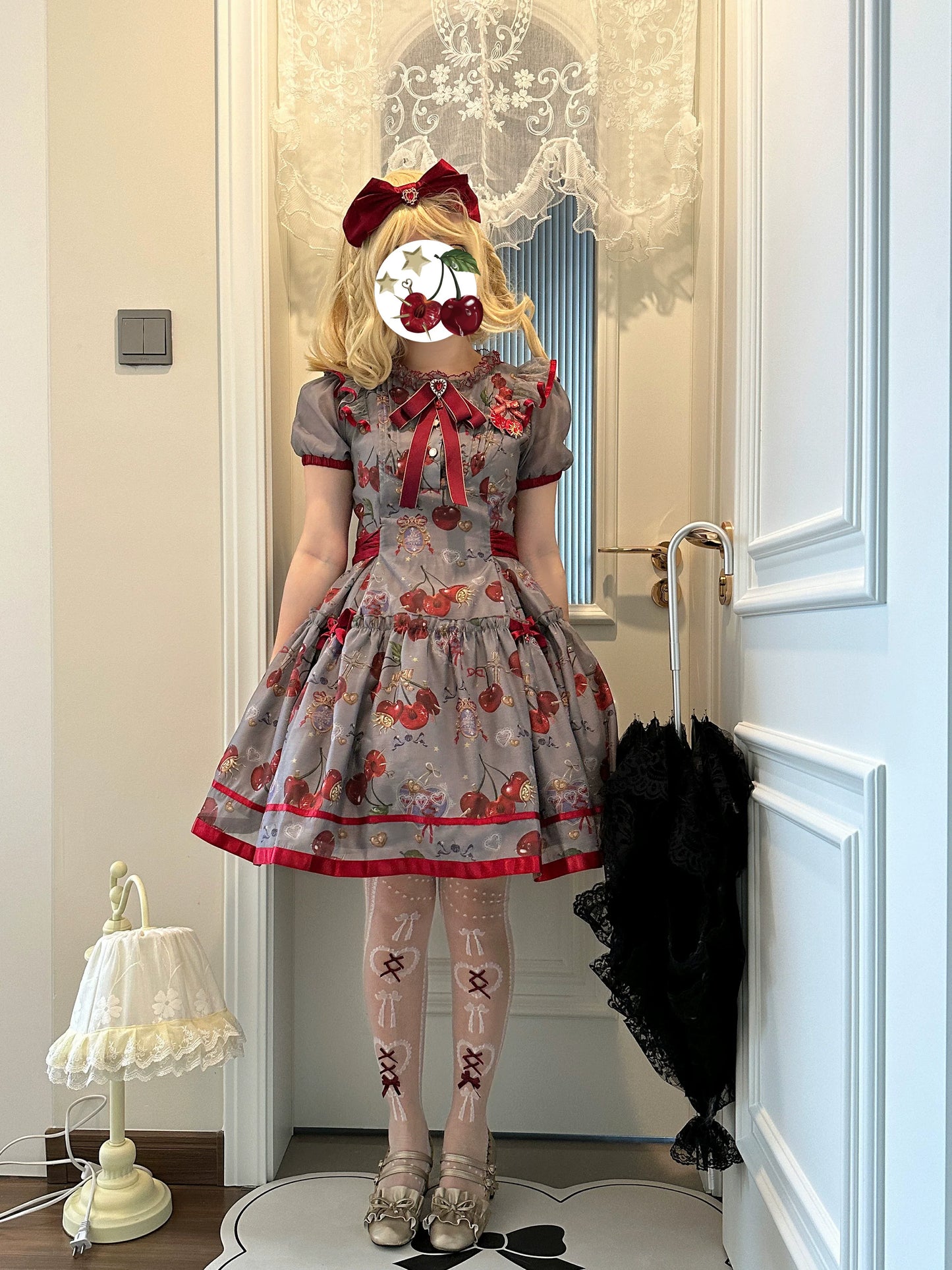 (Buy for me)Gloaming~Sweet Lolita Cherry print Short Sleeve OP and SK Set