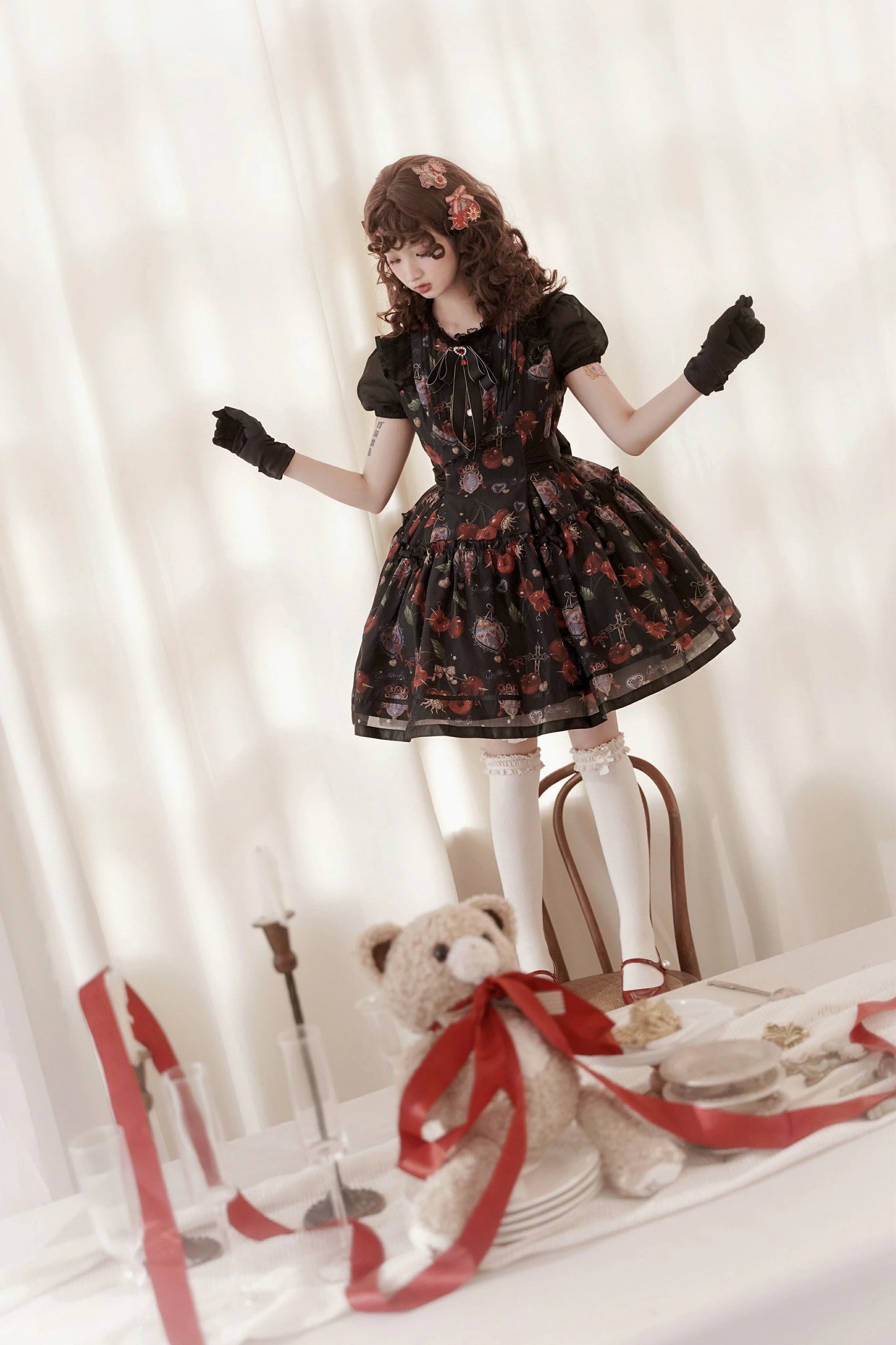 (Buy for me)Gloaming~Sweet Lolita Cherry print Short Sleeve OP and SK Set