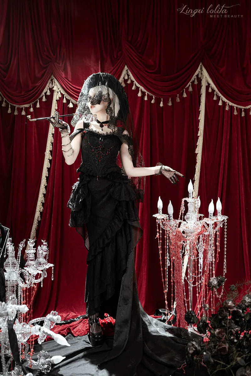 Lingxi Lolita~Lord of the Night~Gothic Lolita Skirt Suit Mermaid Skirt and Fishbone Bodice