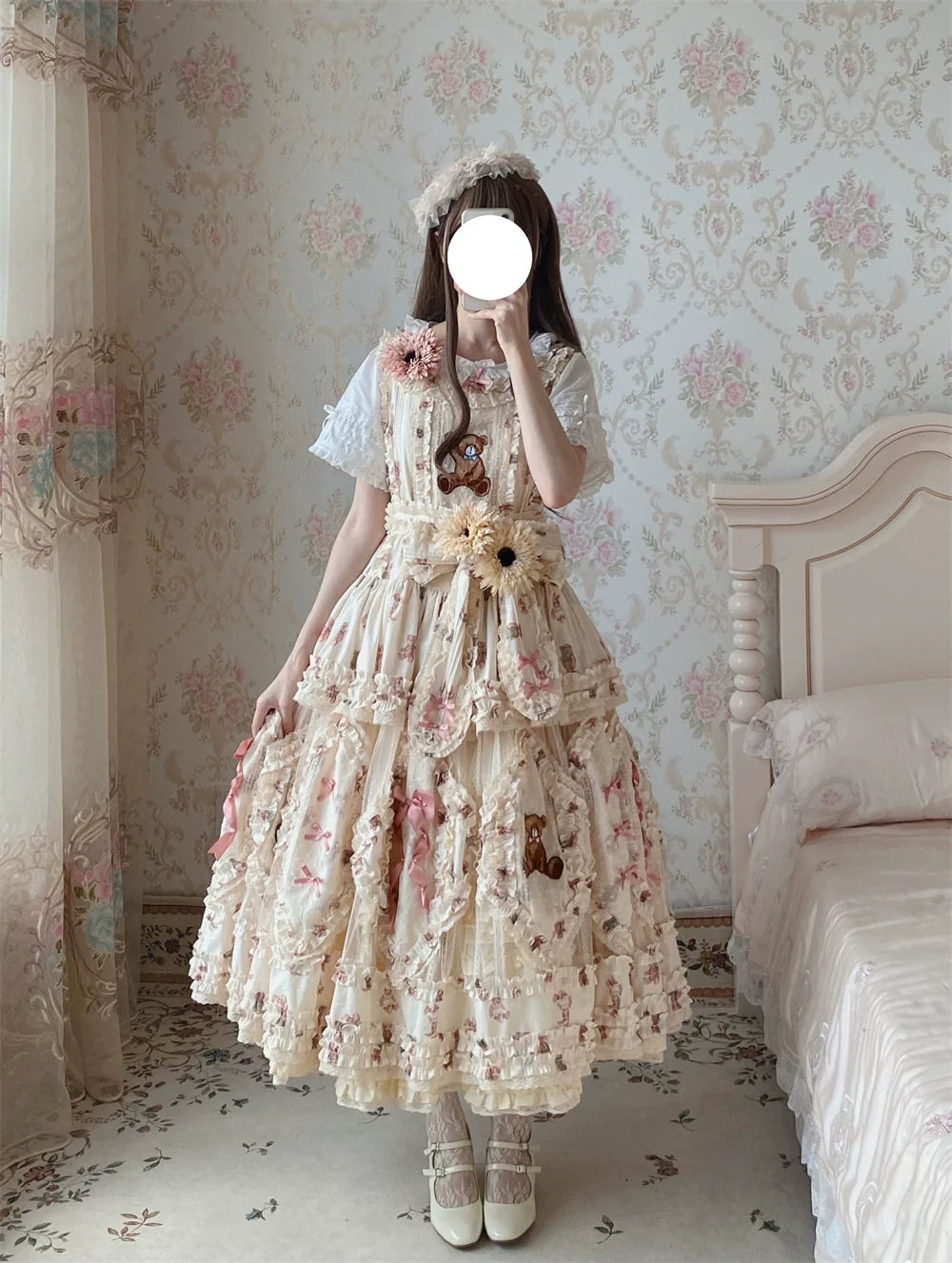 MONO GIRL~Rottengburg Bear~Sweet Lolita JSK Print Hollow-out Ruffles Dress