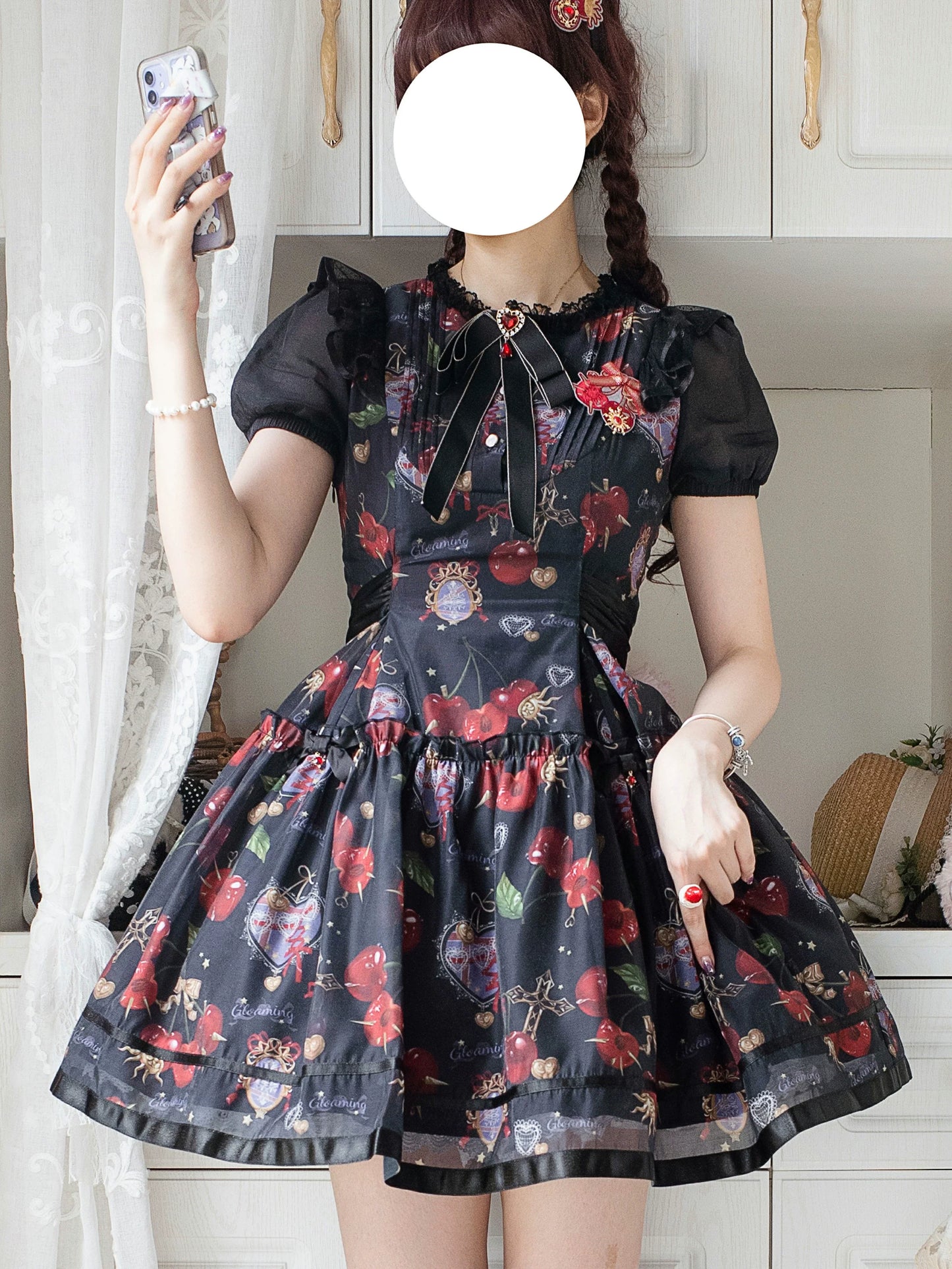 (Buy for me)Gloaming~Sweet Lolita Cherry print Short Sleeve OP and SK Set
