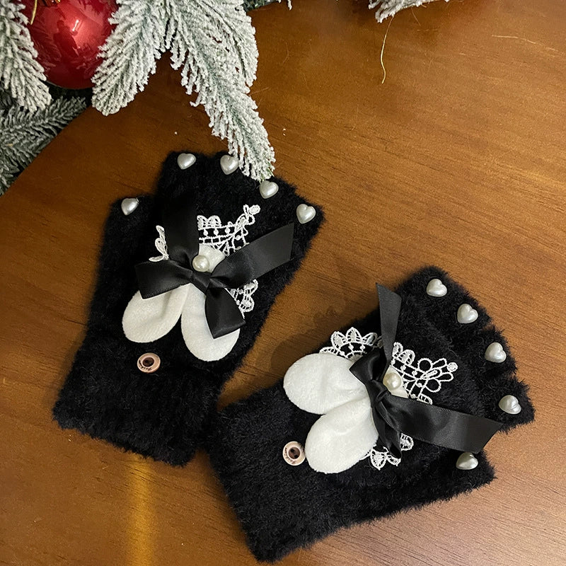 WAGUIR~Kawaii Lolita Gloves Fluffy Rabbit Ear Winter Lolita Gloves