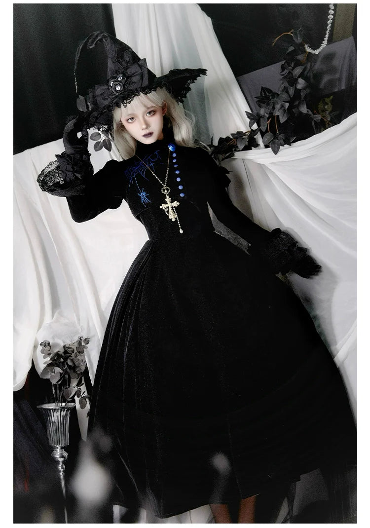 With PUJI~Enigmatic Night Poem~Halloween Gothic Lolita Fishbone Bustier Dress Embroidered Coat