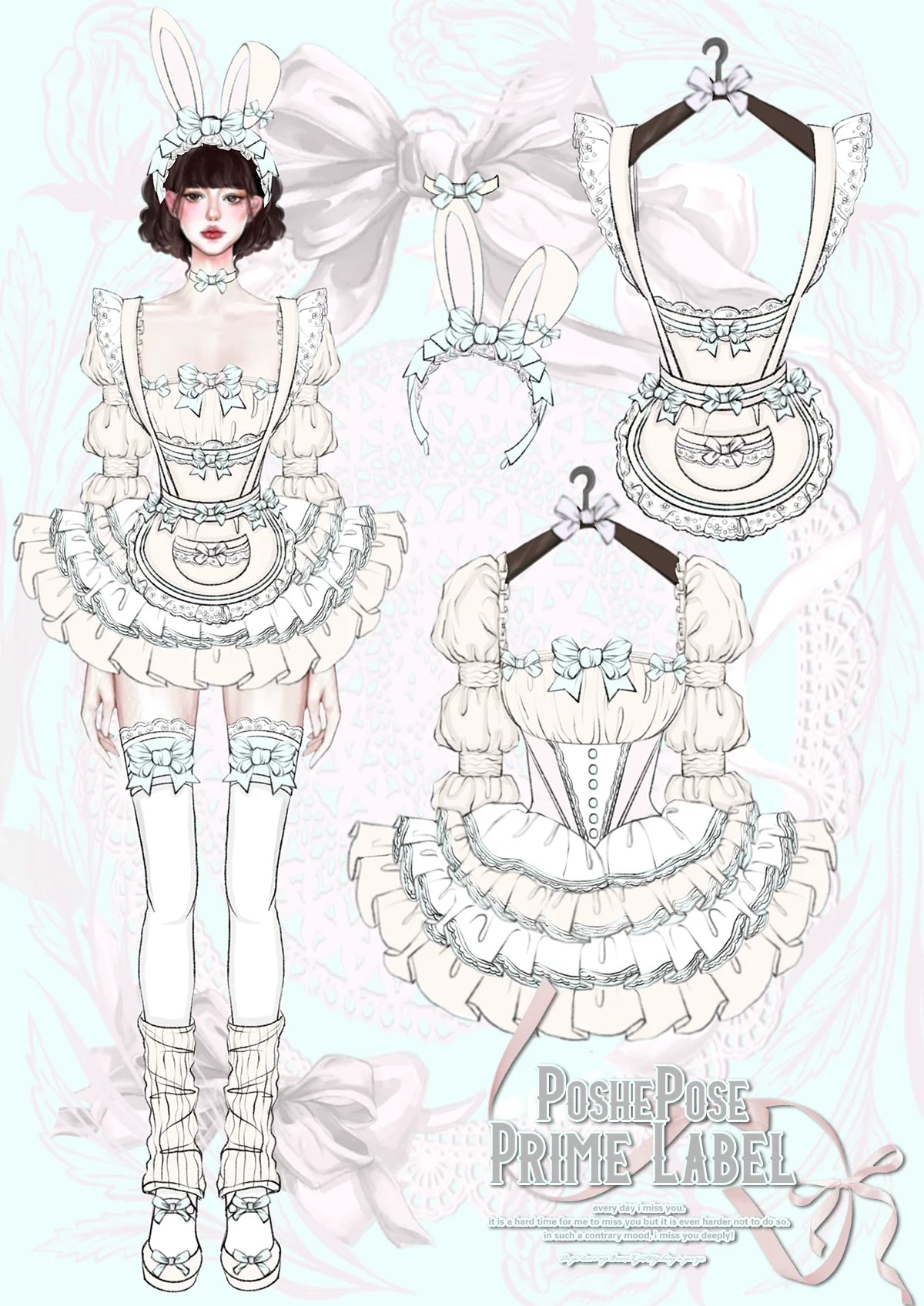 POSHEPOSE~Maid Bunny~Gorgeous Sweet Lolita OP Dress with Detachable Sleeves and Apron