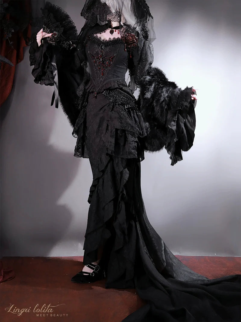 Lingxi Lolita~Lord of the Night~Gothic Lolita Skirt Suit Mermaid Skirt and Fishbone Bodice