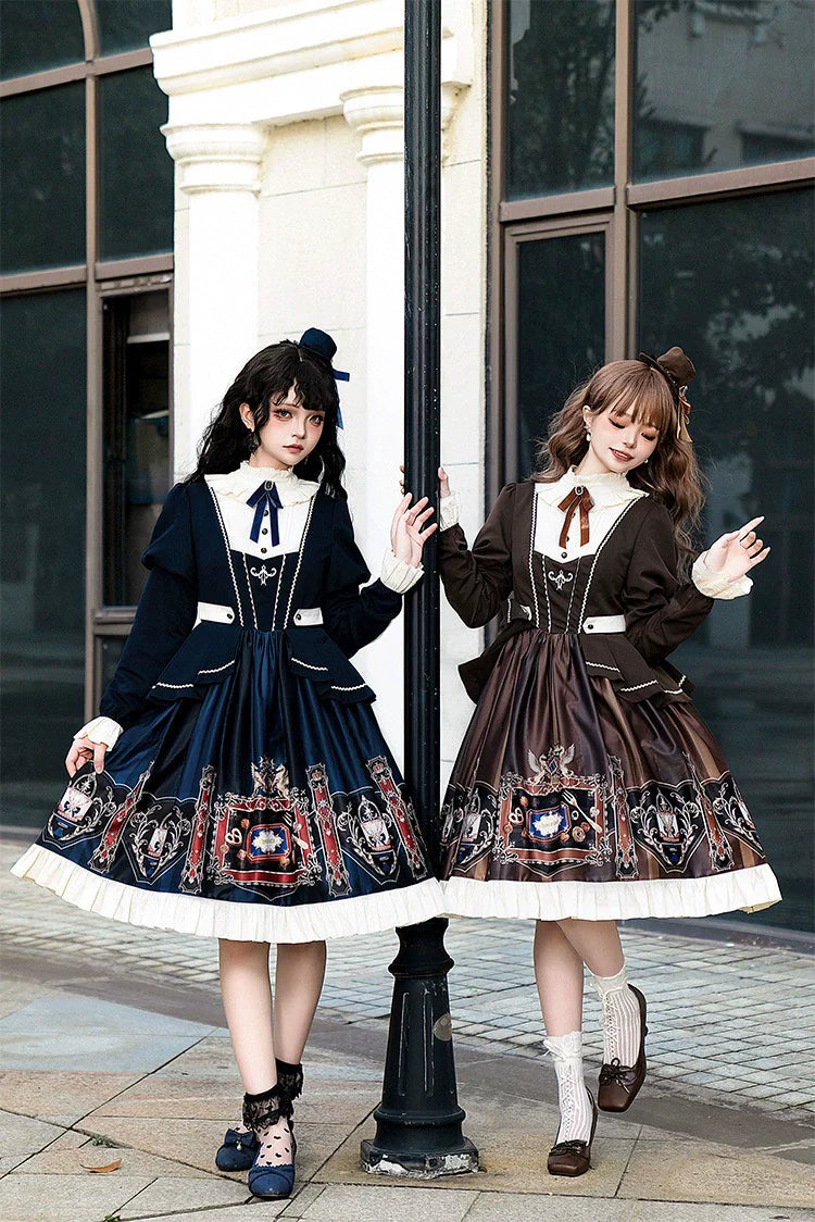 Jinmu~Chocolate Academy~Vintage Lolita OP Long Puff Sleeve Schoolgirl Lolita Dress