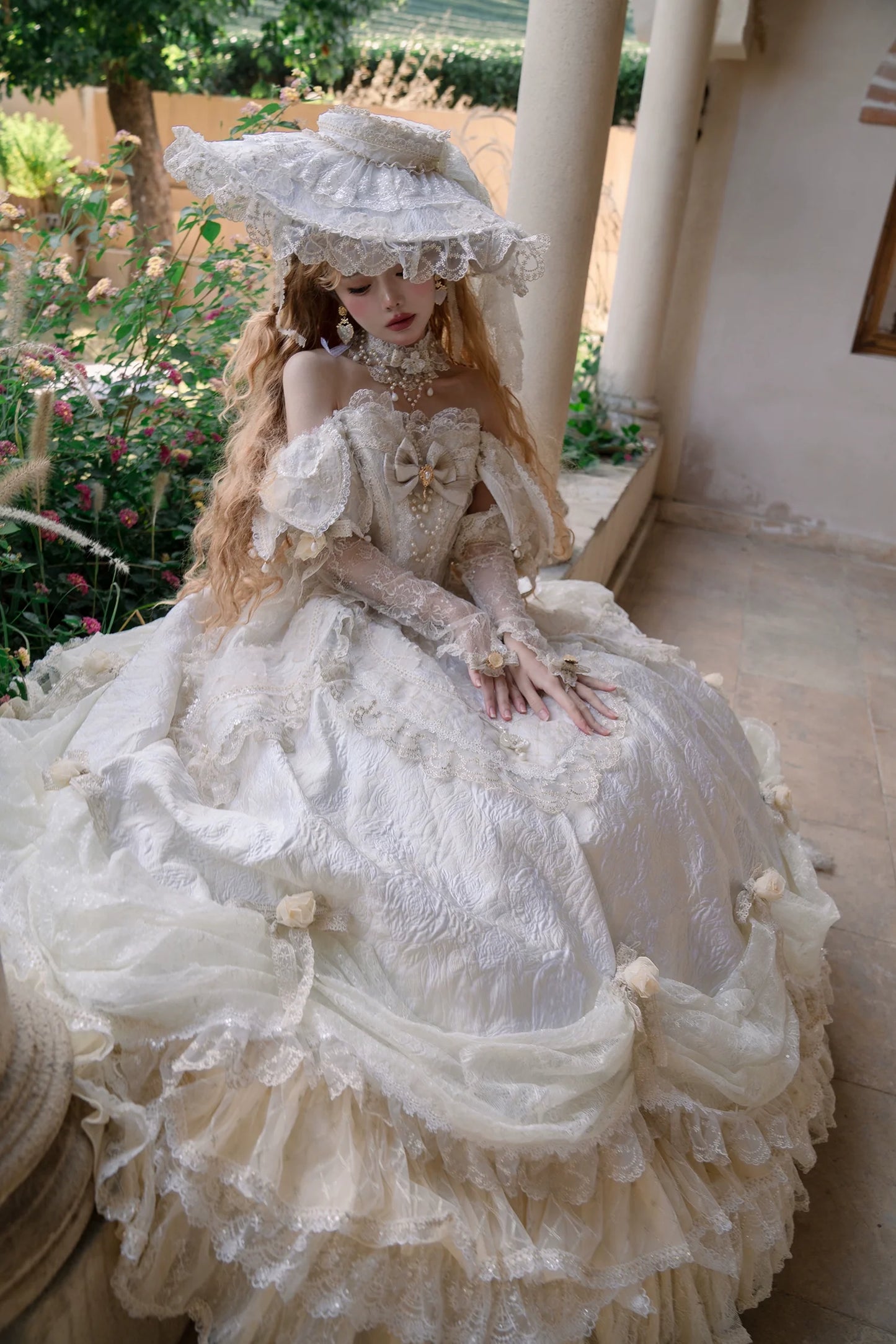 HinanaQueena~With Belle~Bridal Lolita Dress Accessory Set Top Hat and Trailing