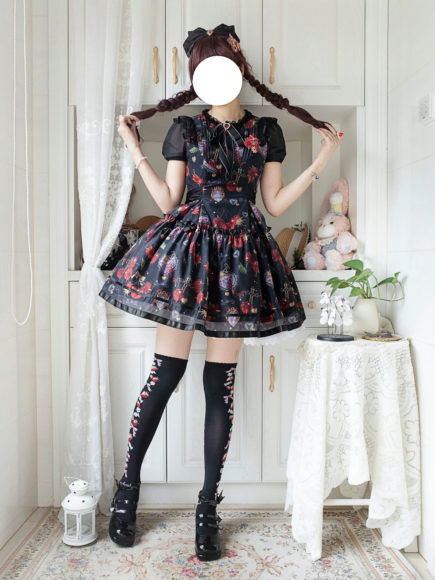 (Buy for me)Gloaming~Sweet Lolita Cherry print Short Sleeve OP and SK Set