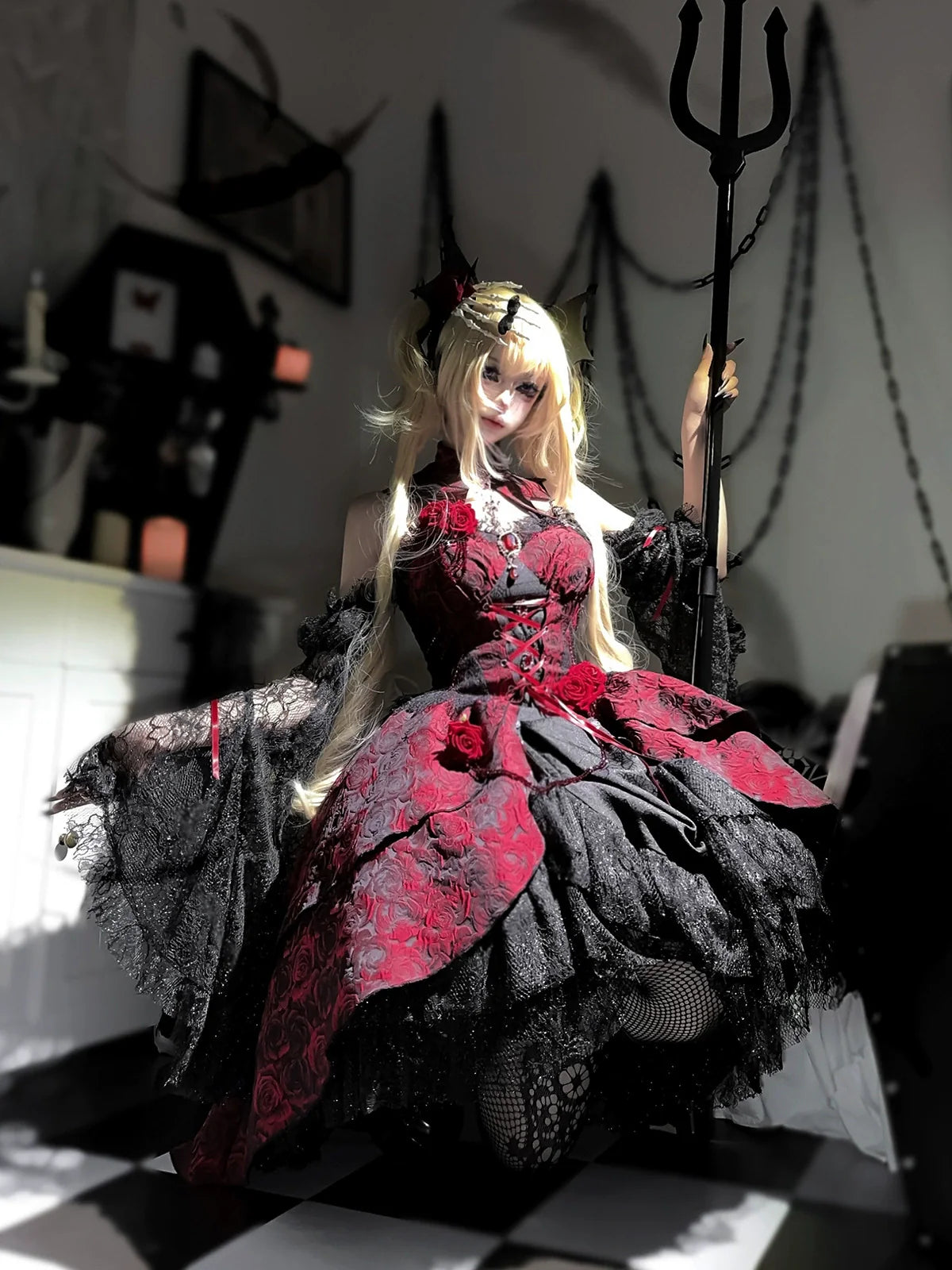 Cornfield Lolita~Rose Blood~Black Red Gothic Lolita JSK Jacquard Court Dress