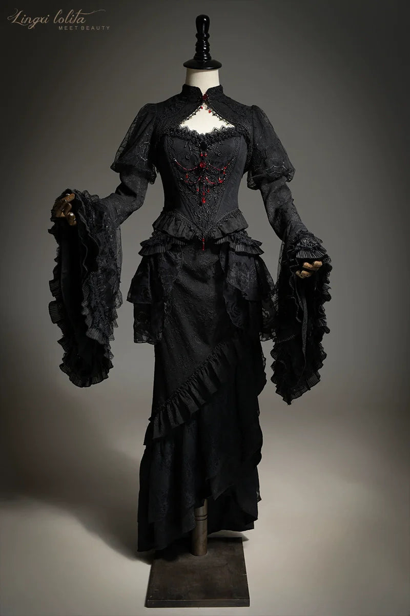 Lingxi Lolita~Lord of the Night~Gothic Lolita Skirt Suit Mermaid Skirt and Fishbone Bodice
