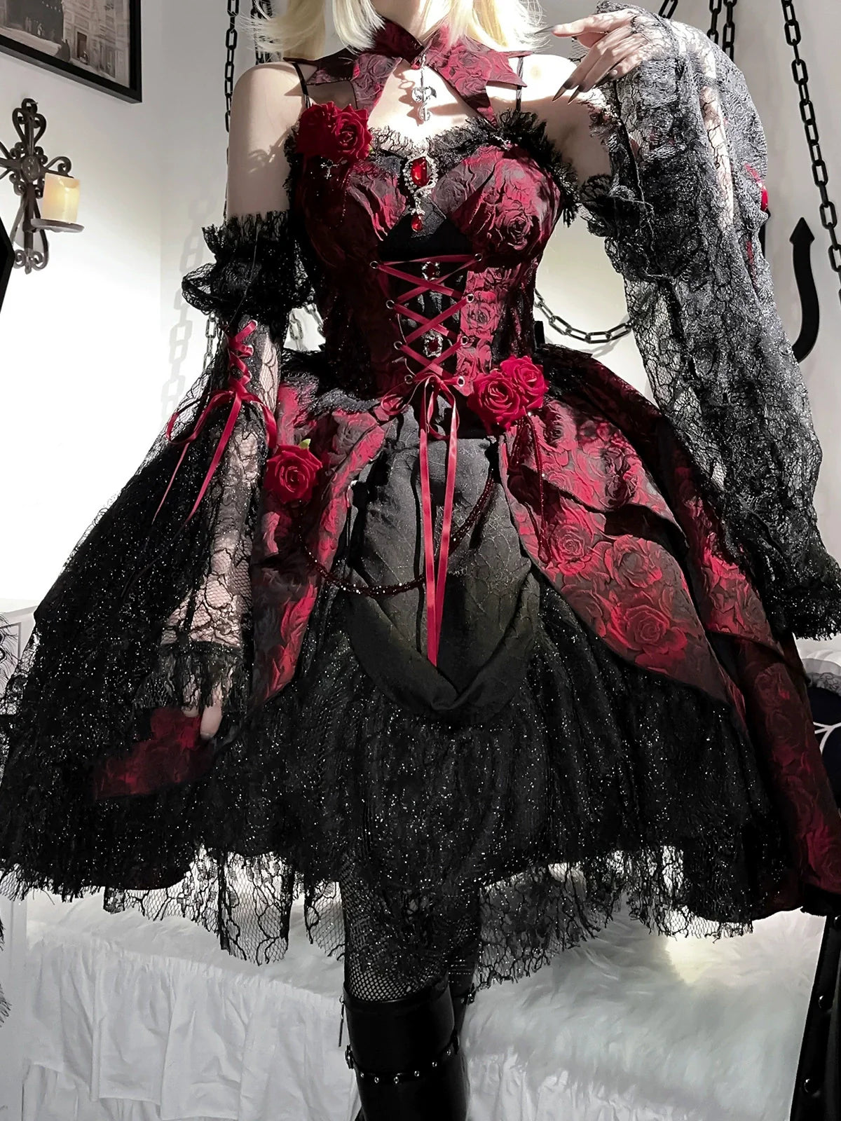 Cornfield Lolita~Rose Blood~Black Red Gothic Lolita JSK Jacquard Court Dress