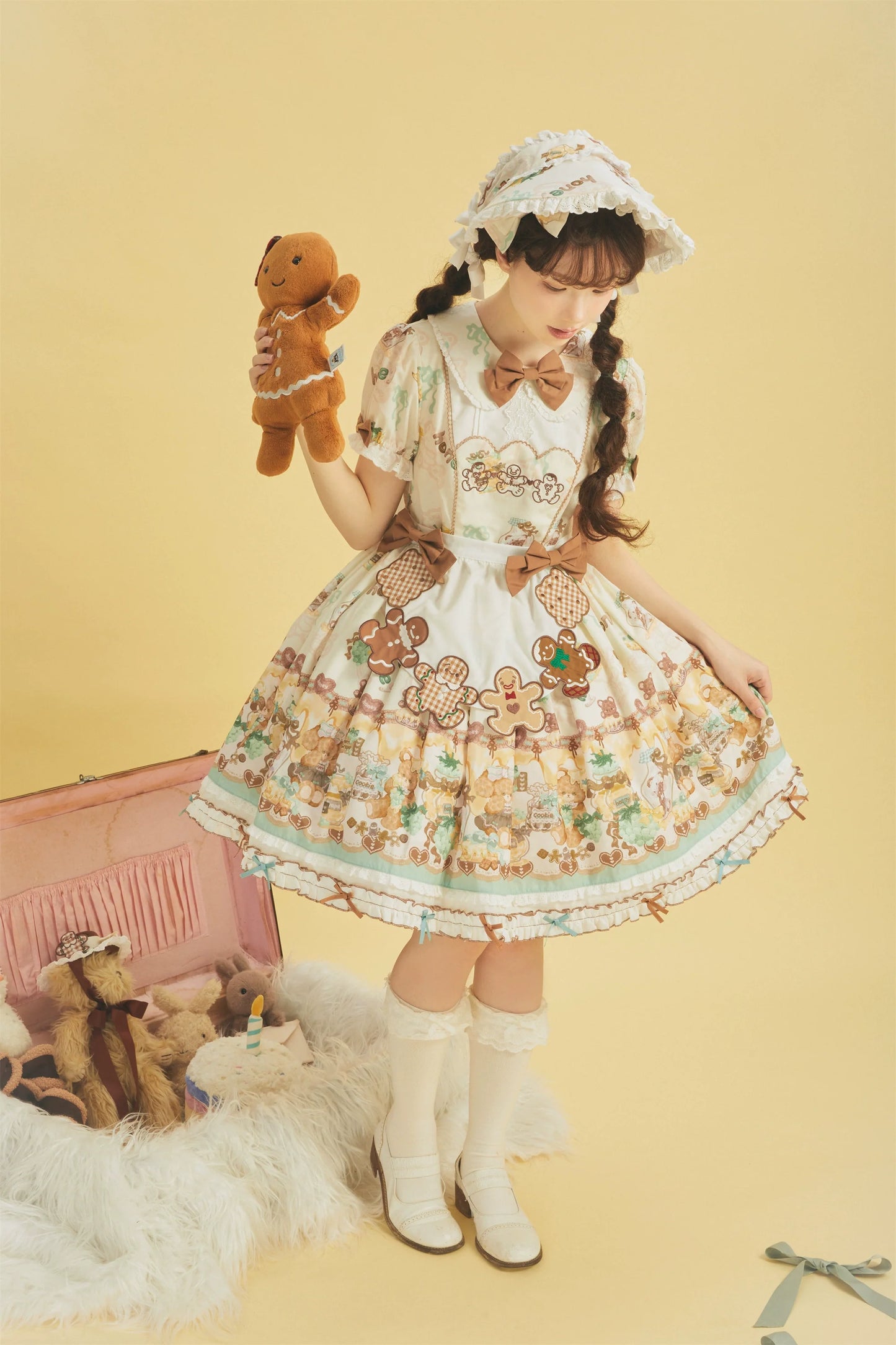 Babyblue~Little Bear Honey Jar~Kawaii Lolita Short Sleeve OP Gingerbread Man Embroidered Dress