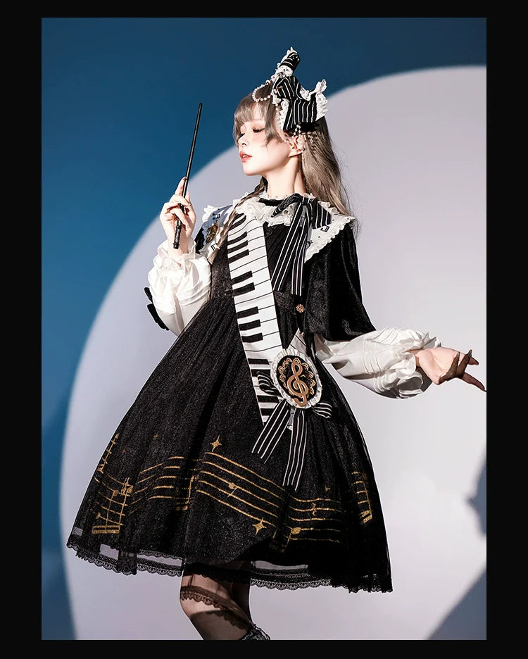 Forest Fluorescent Carps~Black and White Sonata~Ouji Lolita Vest Suit and Vintage Lolita OP Dress