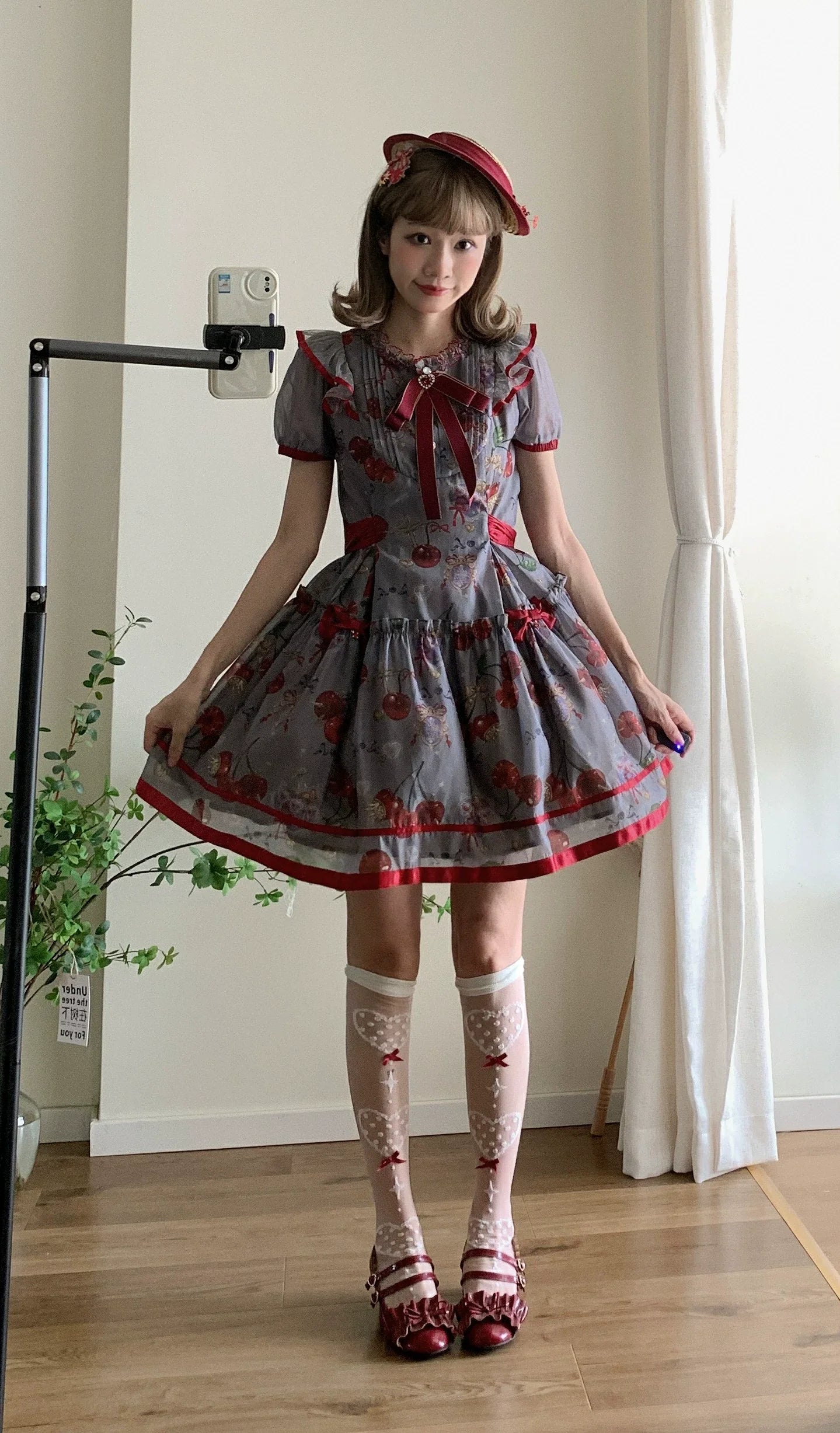(Buy for me)Gloaming~Sweet Lolita Cherry print Short Sleeve OP and SK Set