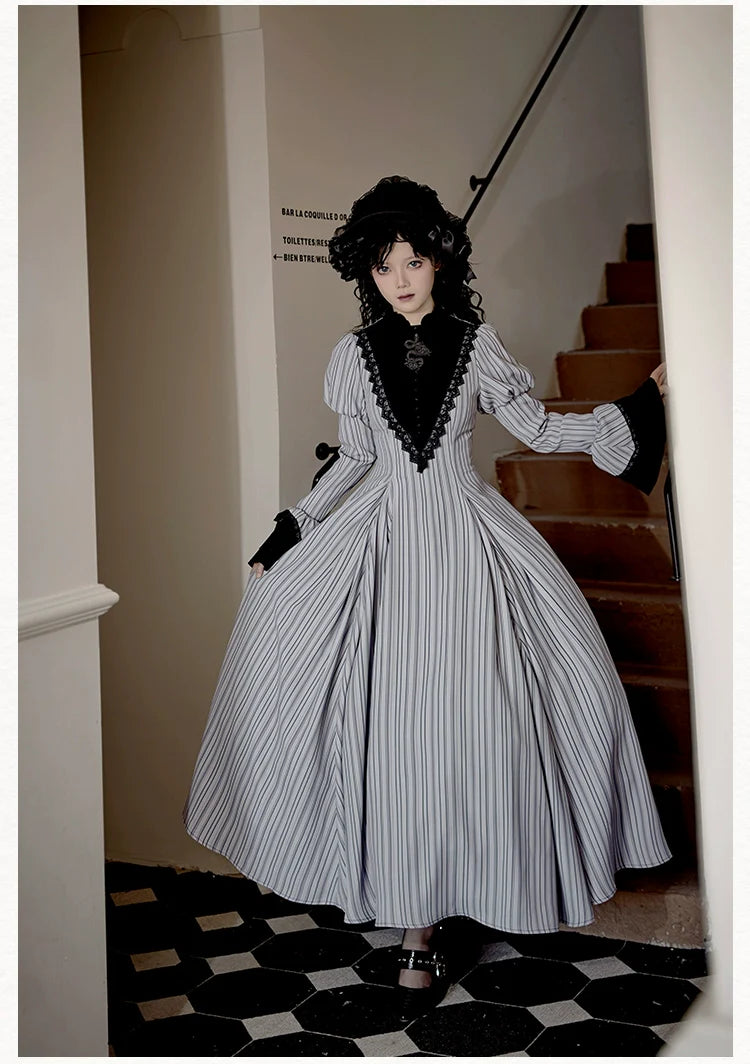 With PUJI~Nocturne SP~Striped Gothic Lolita OP Twin Lolita Dress with Apron