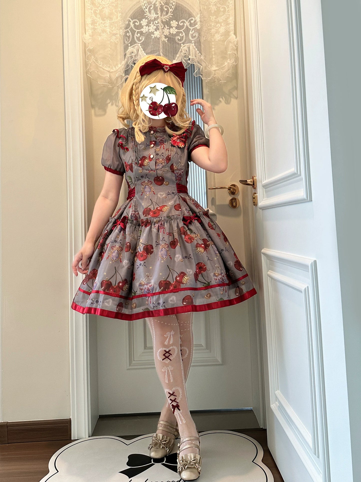 (Buy for me)Gloaming~Sweet Lolita Cherry print Short Sleeve OP and SK Set