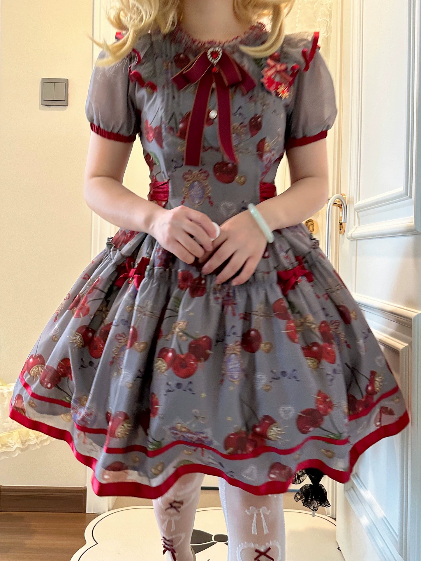 (Buy for me)Gloaming~Sweet Lolita Cherry print Short Sleeve OP and SK Set