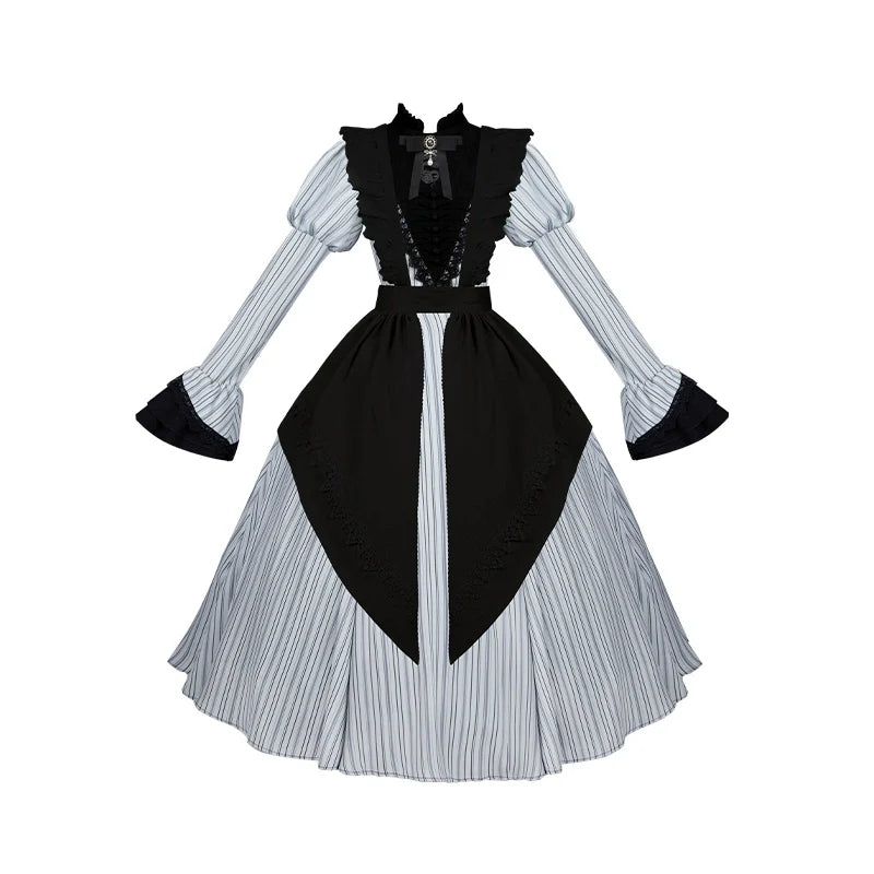 With PUJI~Nocturne SP~Striped Gothic Lolita OP Twin Lolita Dress with Apron