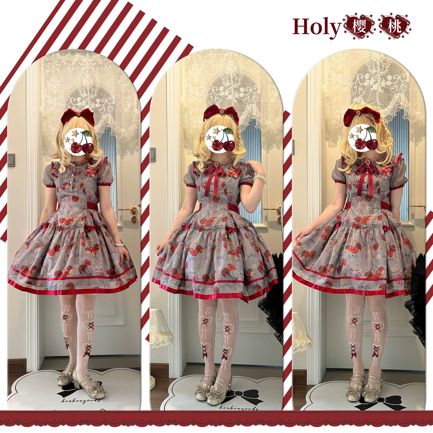 (Buy for me)Gloaming~Sweet Lolita Cherry print Short Sleeve OP and SK Set