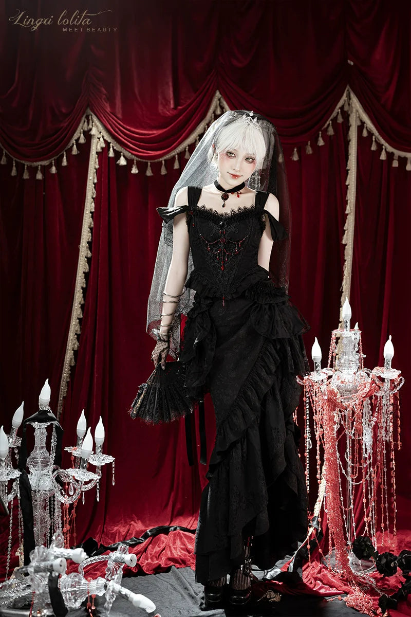 Lingxi Lolita~Lord of the Night~Gothic Lolita Skirt Suit Mermaid Skirt and Fishbone Bodice