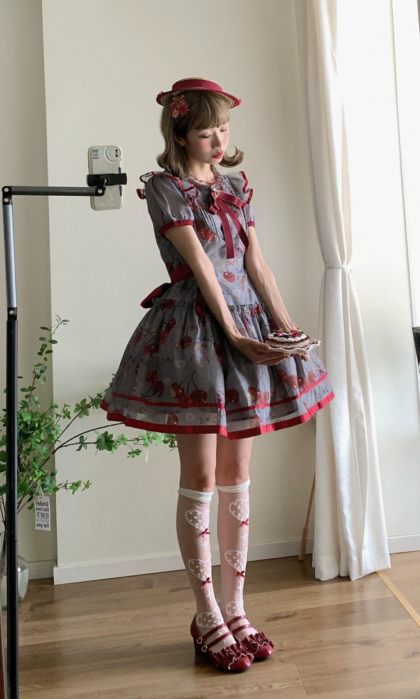 (Buy for me)Gloaming~Sweet Lolita Cherry print Short Sleeve OP and SK Set