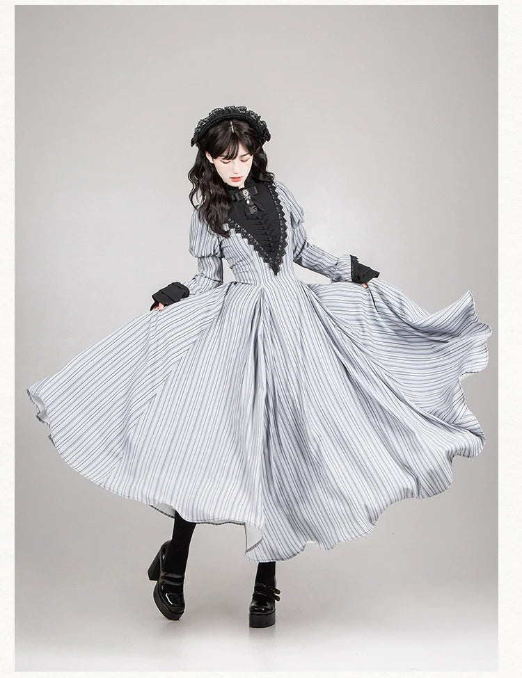 With PUJI~Nocturne SP~Striped Gothic Lolita OP Twin Lolita Dress with Apron