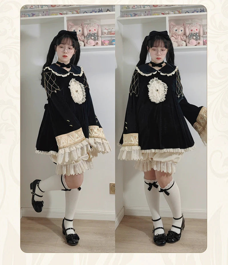 LizBird~Reincarnated Clock~Vintage Lolita OP Dress Set Lolita Bloomers