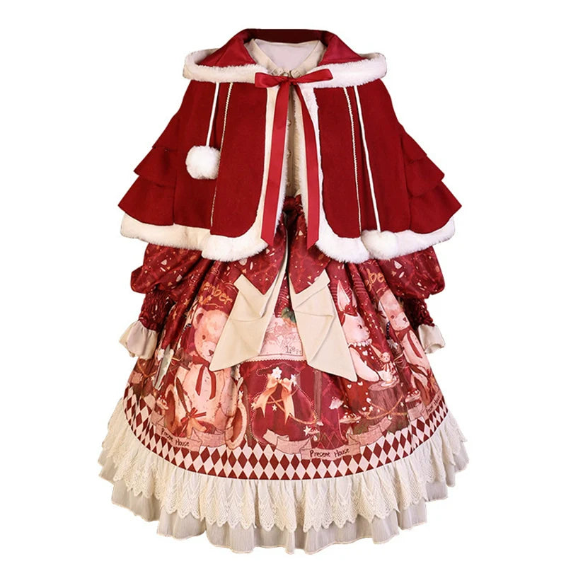 Matutu~Sweet Bear Gift House~Sweet Lolita Suit Christmas Lolita OP and Cape