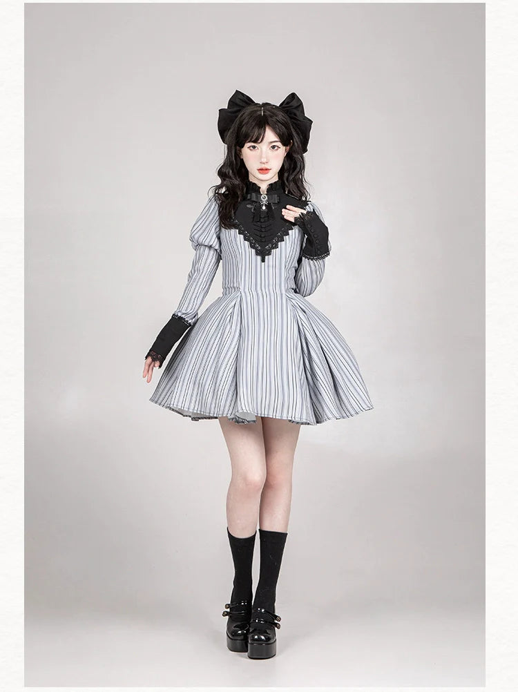 With PUJI~Nocturne SP~Striped Gothic Lolita OP Twin Lolita Dress with Apron