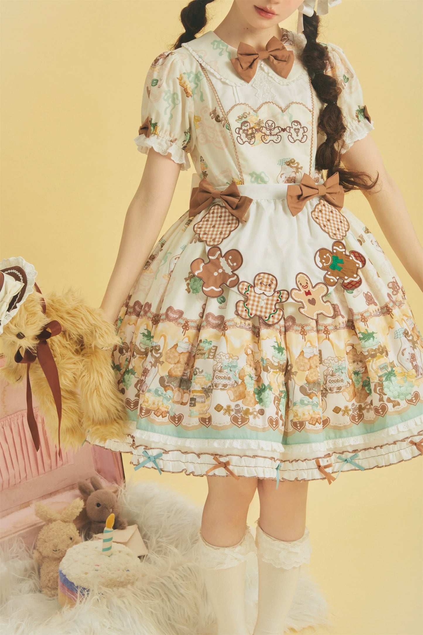 Babyblue~Little Bear Honey Jar~Kawaii Lolita Short Sleeve OP Gingerbread Man Embroidered Dress