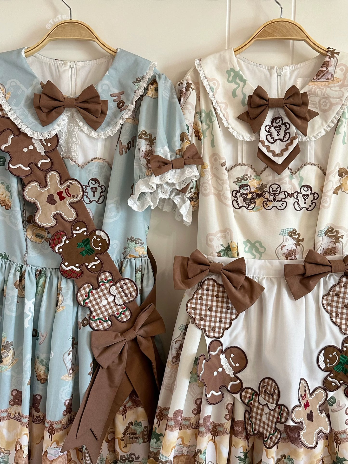 Babyblue~Little Bear Honey Jar~Kawaii Lolita Short Sleeve OP Gingerbread Man Embroidered Dress